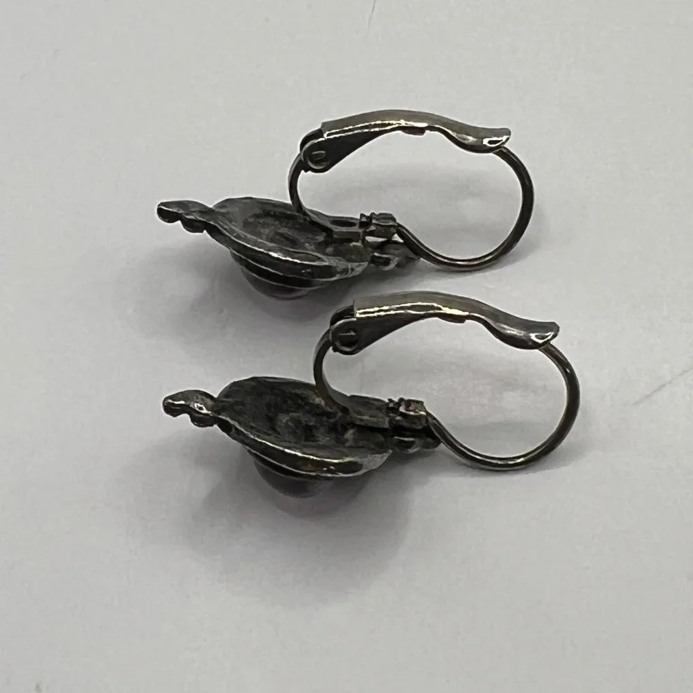 Vintage‎ Pierced Earrings Silver Tone Marcasite Purple Glass Stone